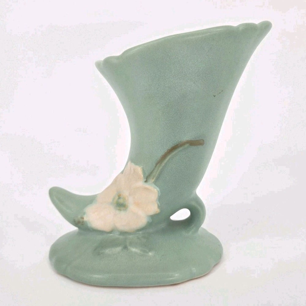 Vintage Weller Pottery Dogwood Cornucopia Vase Matte Green Pink Floral 6 Inch OH